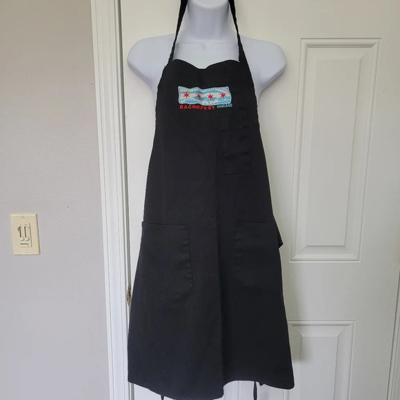 Chefwear Baconfest Chicago Black Tie Over Head Apron Embroidered Logo 3 Pockets - Picture 2 of 8